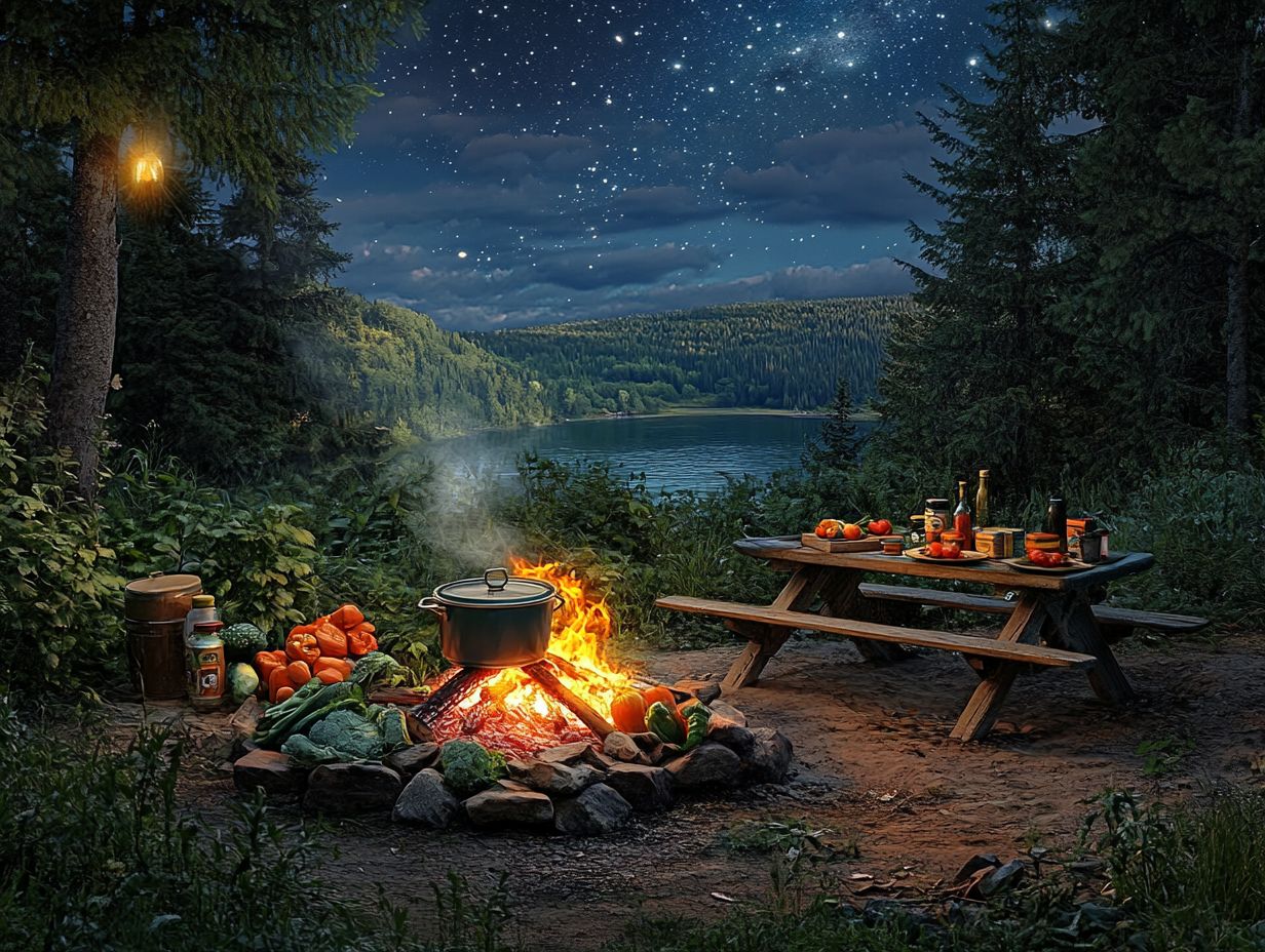 Easy camping meal options including foil packet dinners, hot dogs, and sandwiches.