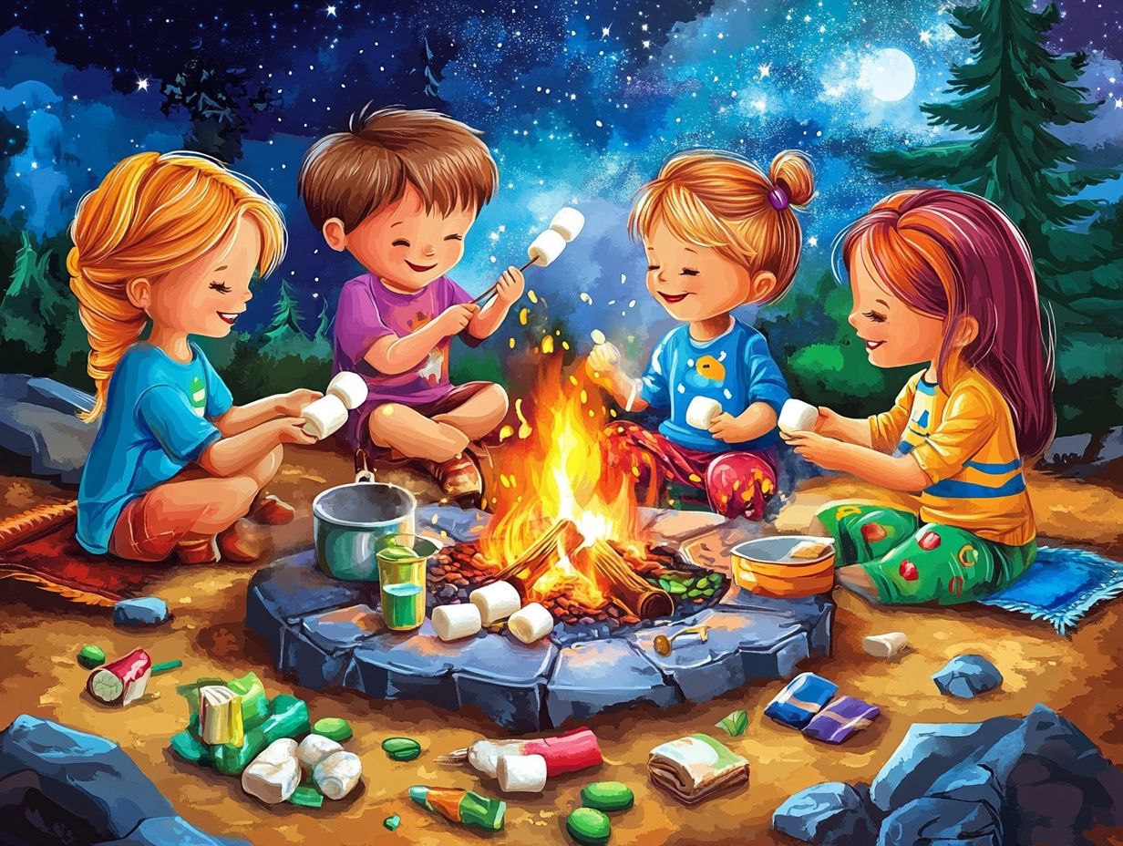 What are some fun fire pit cooking recipes for kids, including classics like s'mores and exciting camping breakfast ideas?