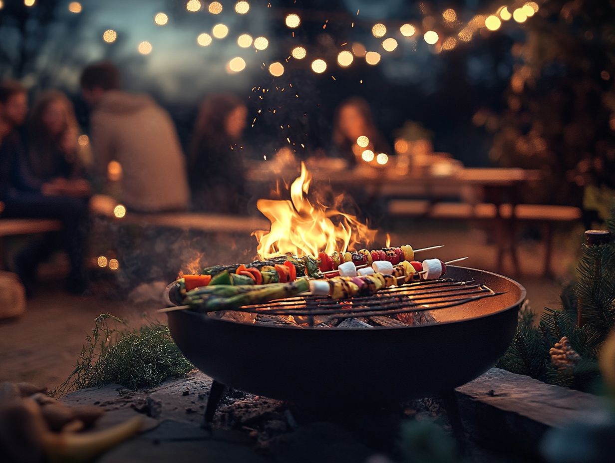 A variety of foods being cooked on a fire pit, showcasing delicious outdoor cooking.