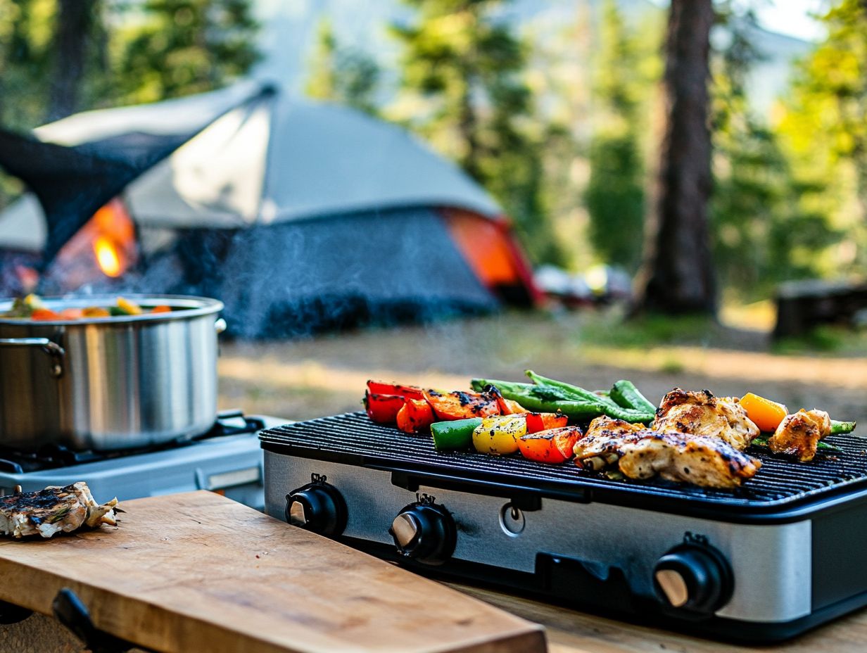 A variety of camping meals prepared outdoors