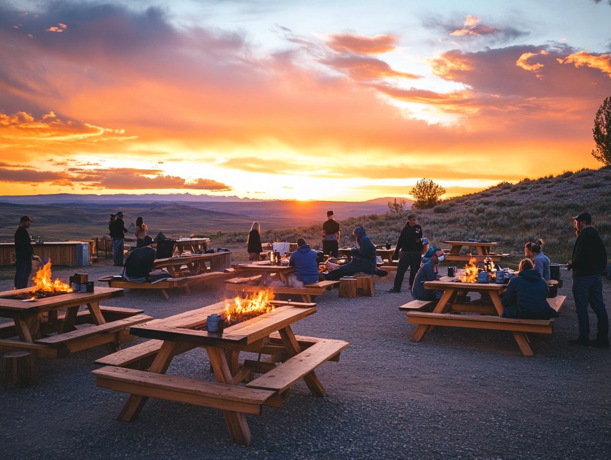 A cozy fire pit cooking setup surrounded by friends