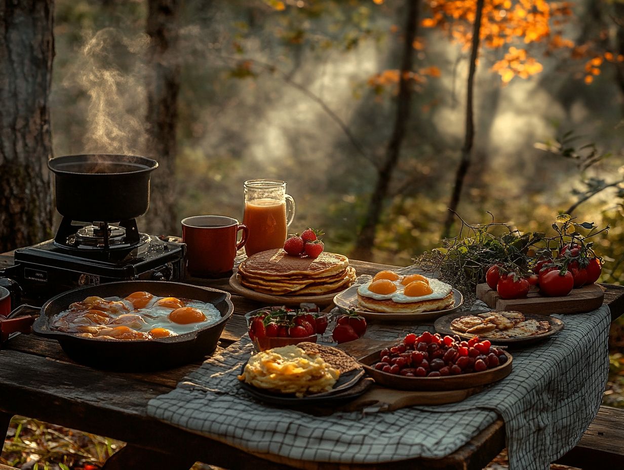 A campfire breakfast cooking setup with various ingredients.