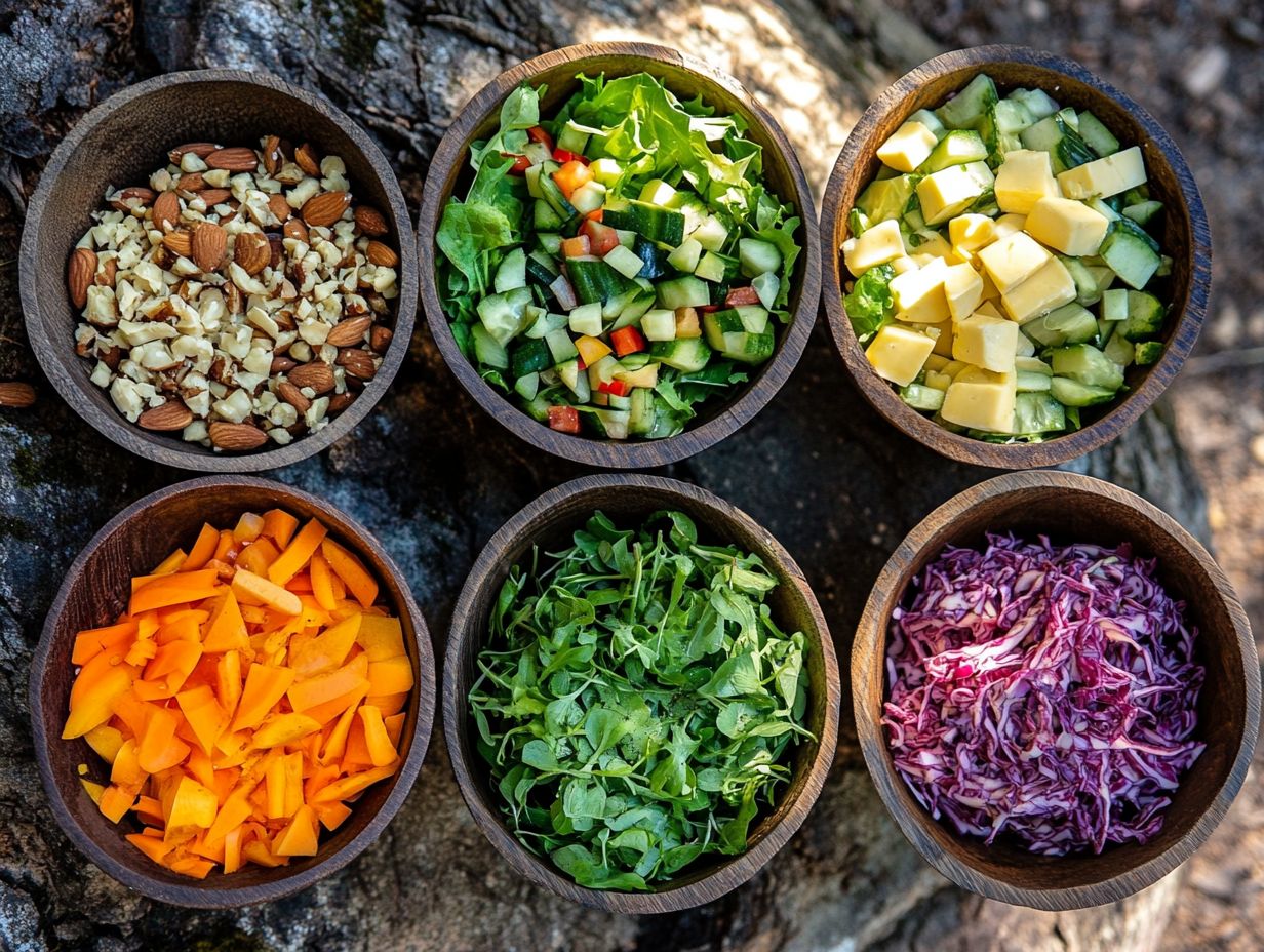 Colorful bowls of fresh salads prepared for outdoor dining.