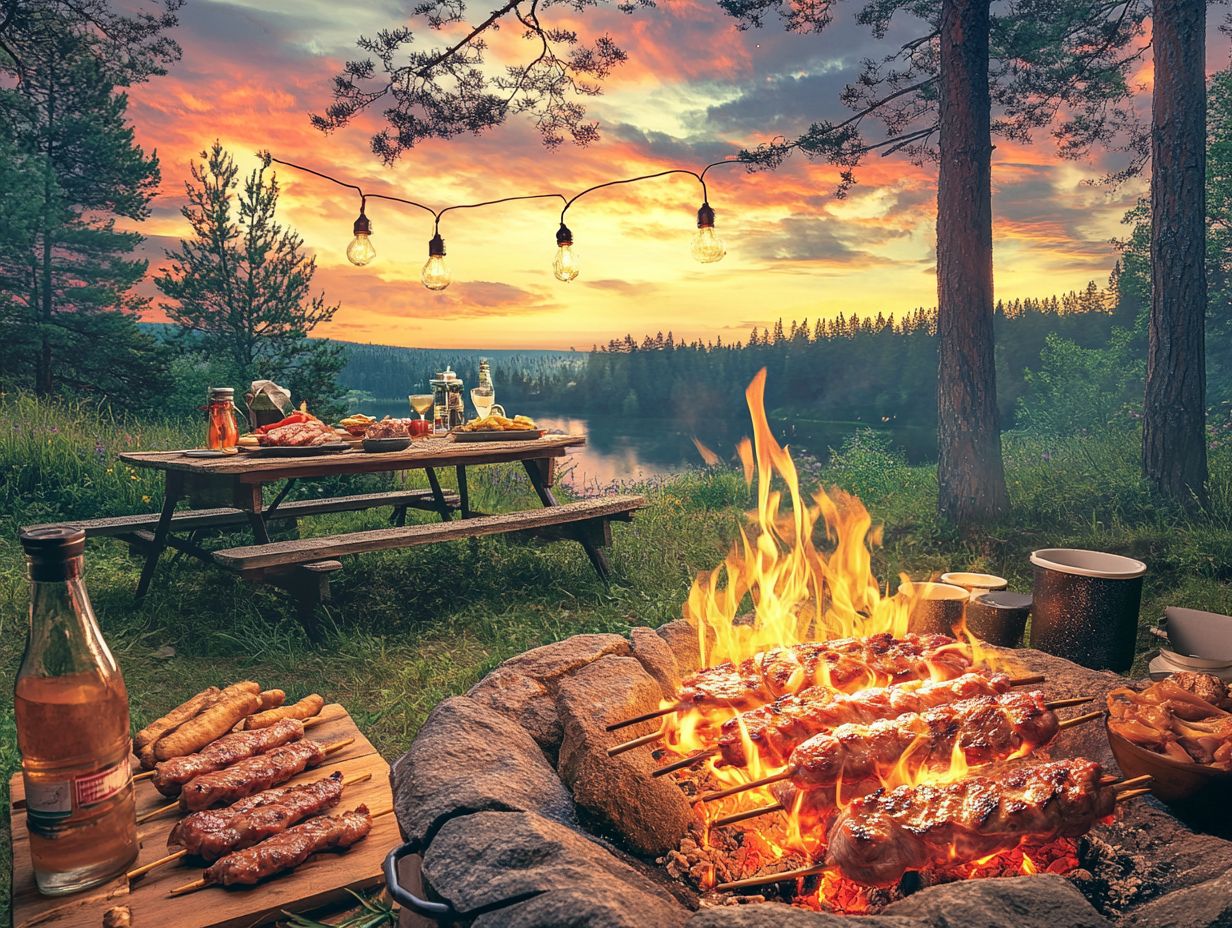 A collection of campfire cooking techniques with various cooking tools and meals.