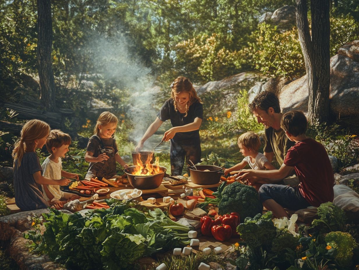 Family preparing easy camping recipes together