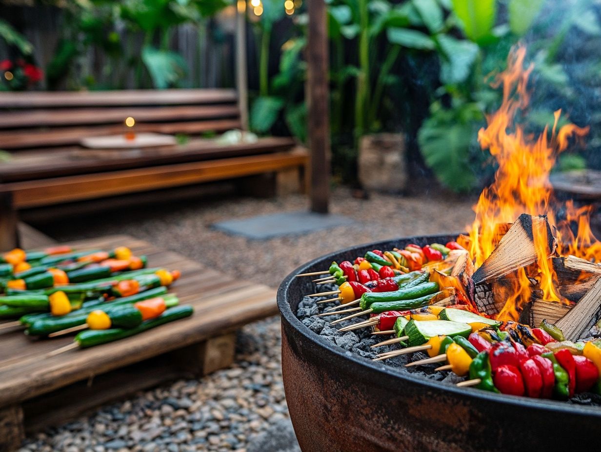 A variety of delicious fire pit dishes prepared outdoors.