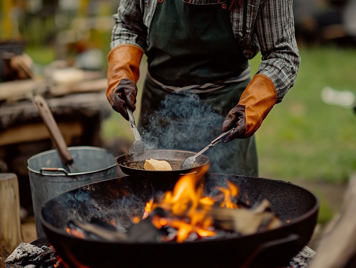 Safety gear for fire pit cooking, including gloves, tongs, and a fire extinguisher.