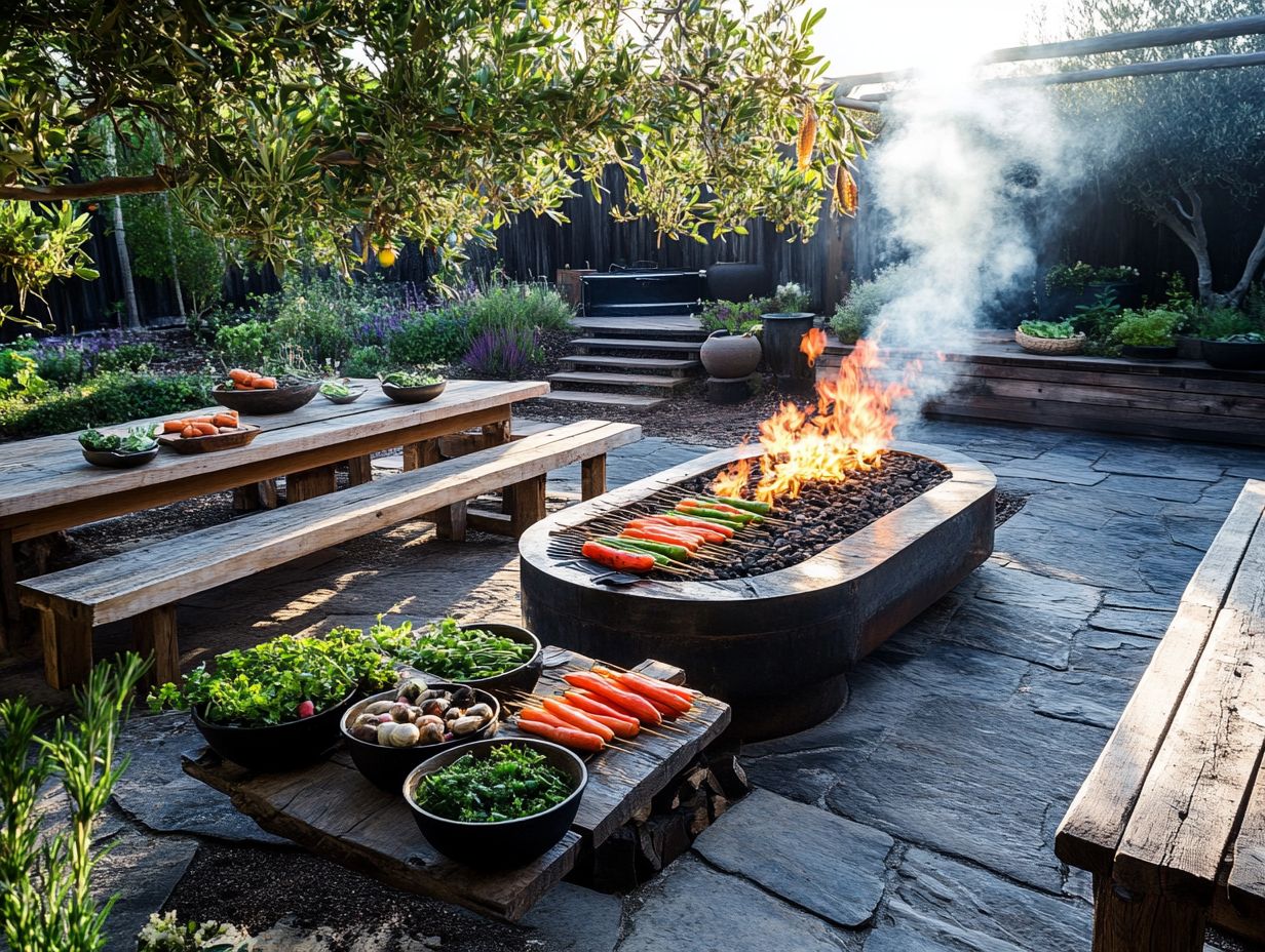 Colorful assortment of vegetarian recipes for cooking on a fire pit.