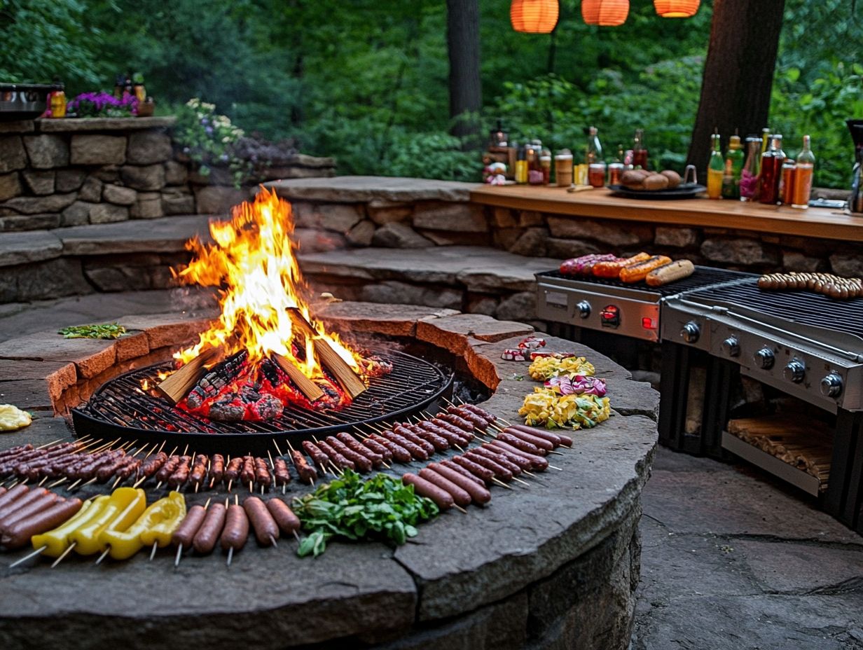 Delicious meals cooked over a vibrant outdoor fire pit.