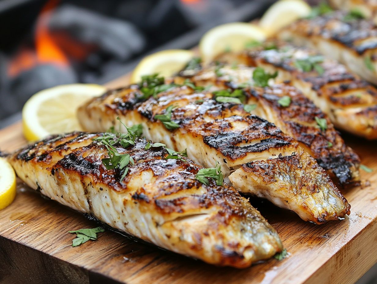 Grilled fish displayed on a plate with fresh herbs