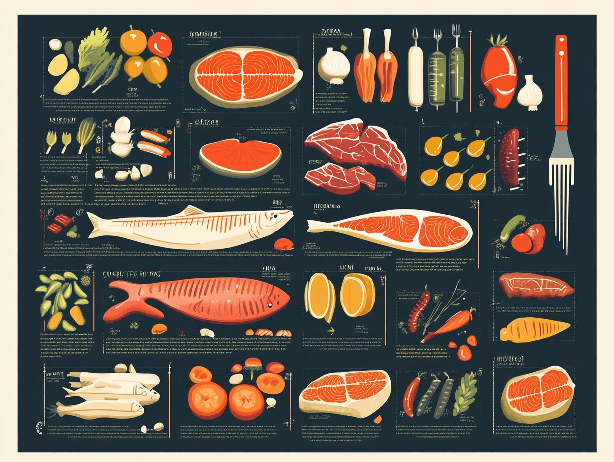 Illustration showing the ideal cooking times and temperatures for various meats.