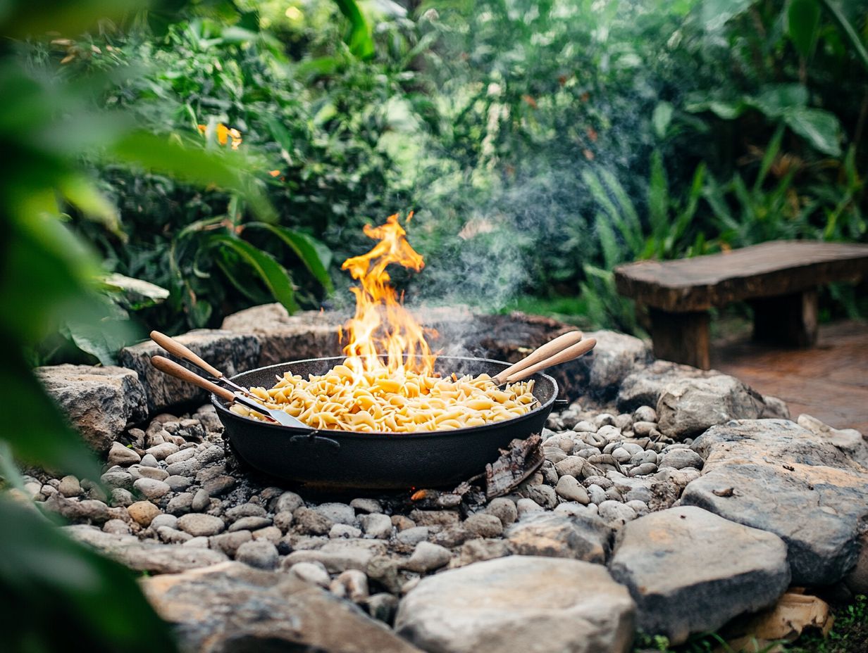 A pot of pasta being cooked on a fire pit.