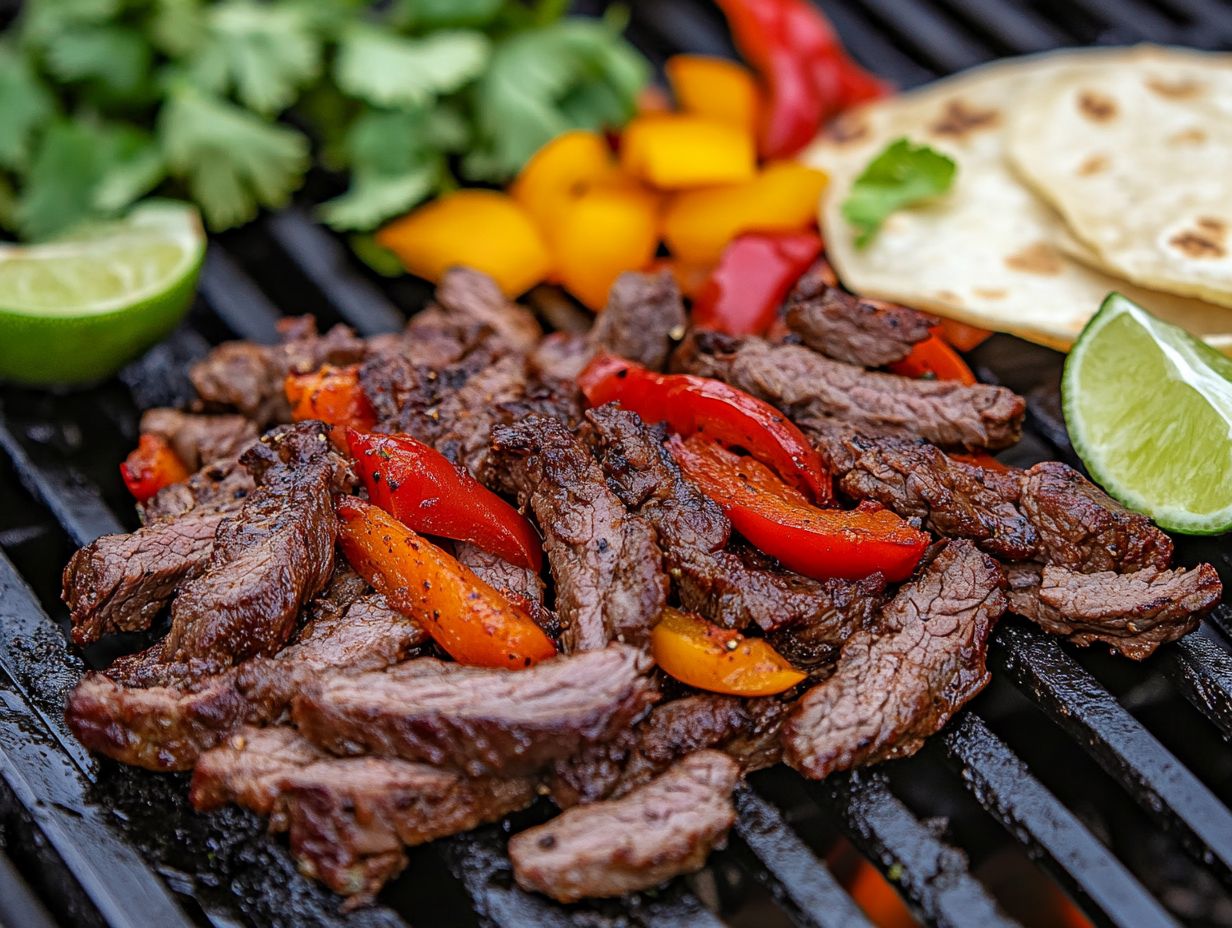 A platter with steak fajitas, tortillas, and colorful toppings