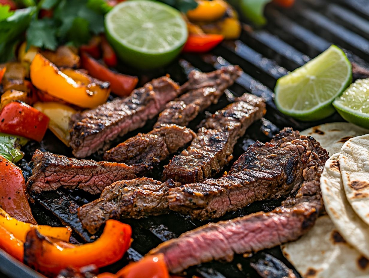 A platter with steak fajitas, tortillas, and colorful toppings