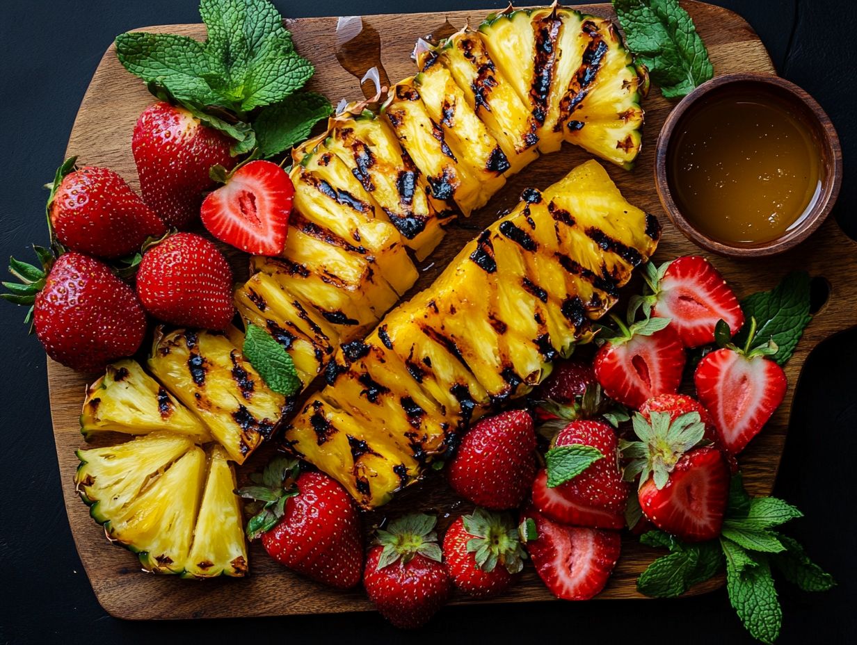 A plate of grilled fruit including pineapples, peaches, and strawberries.