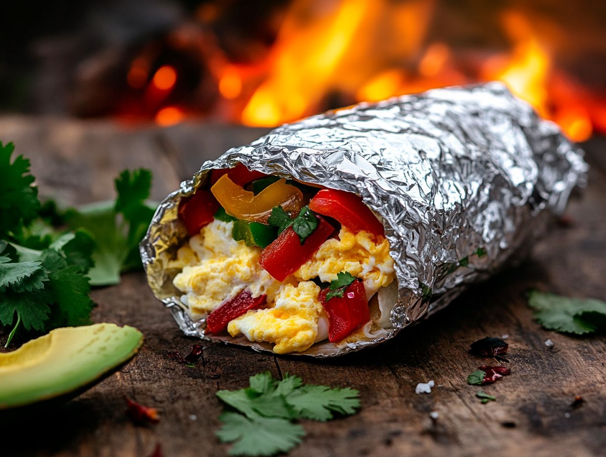 Preparation of a vegetarian campfire breakfast burrito