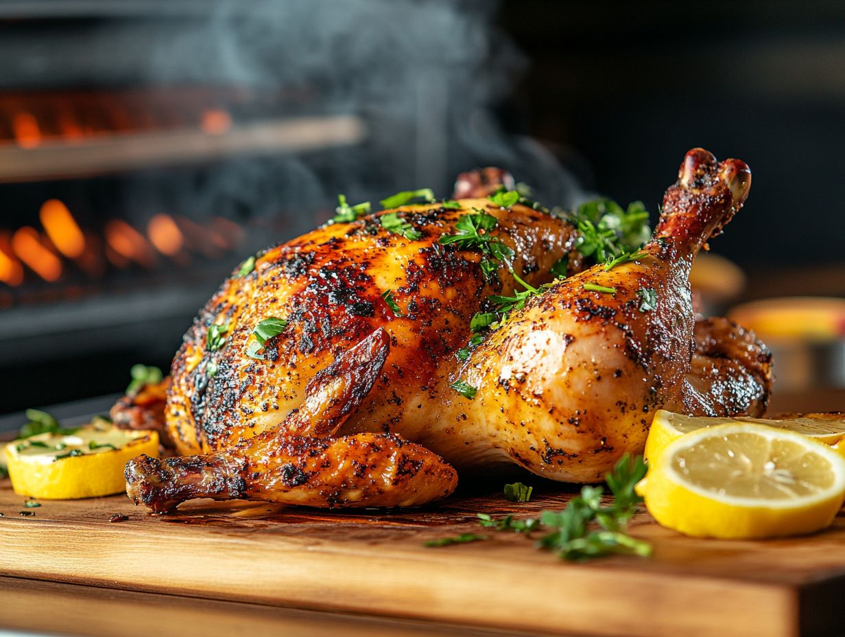 Delicious smoked whole chicken on a platter.