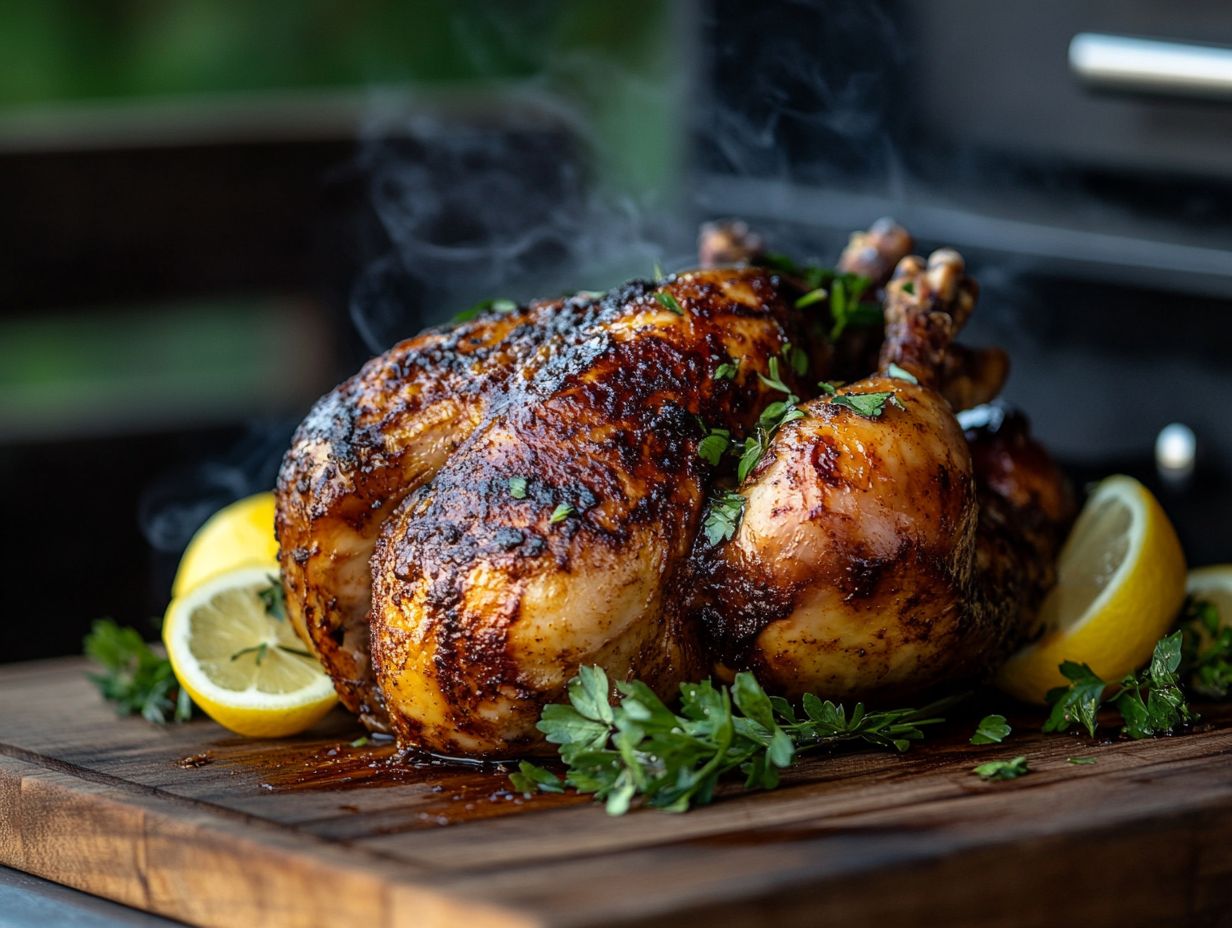 What is the recommended temperature and cooking time for smoking a whole chicken?