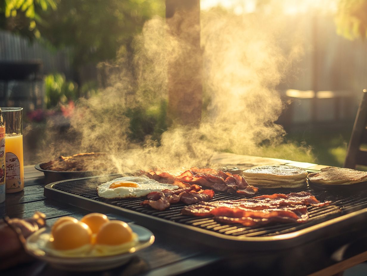 Grilling techniques for delicious breakfast dishes featuring eggs, bacon, and pancakes.