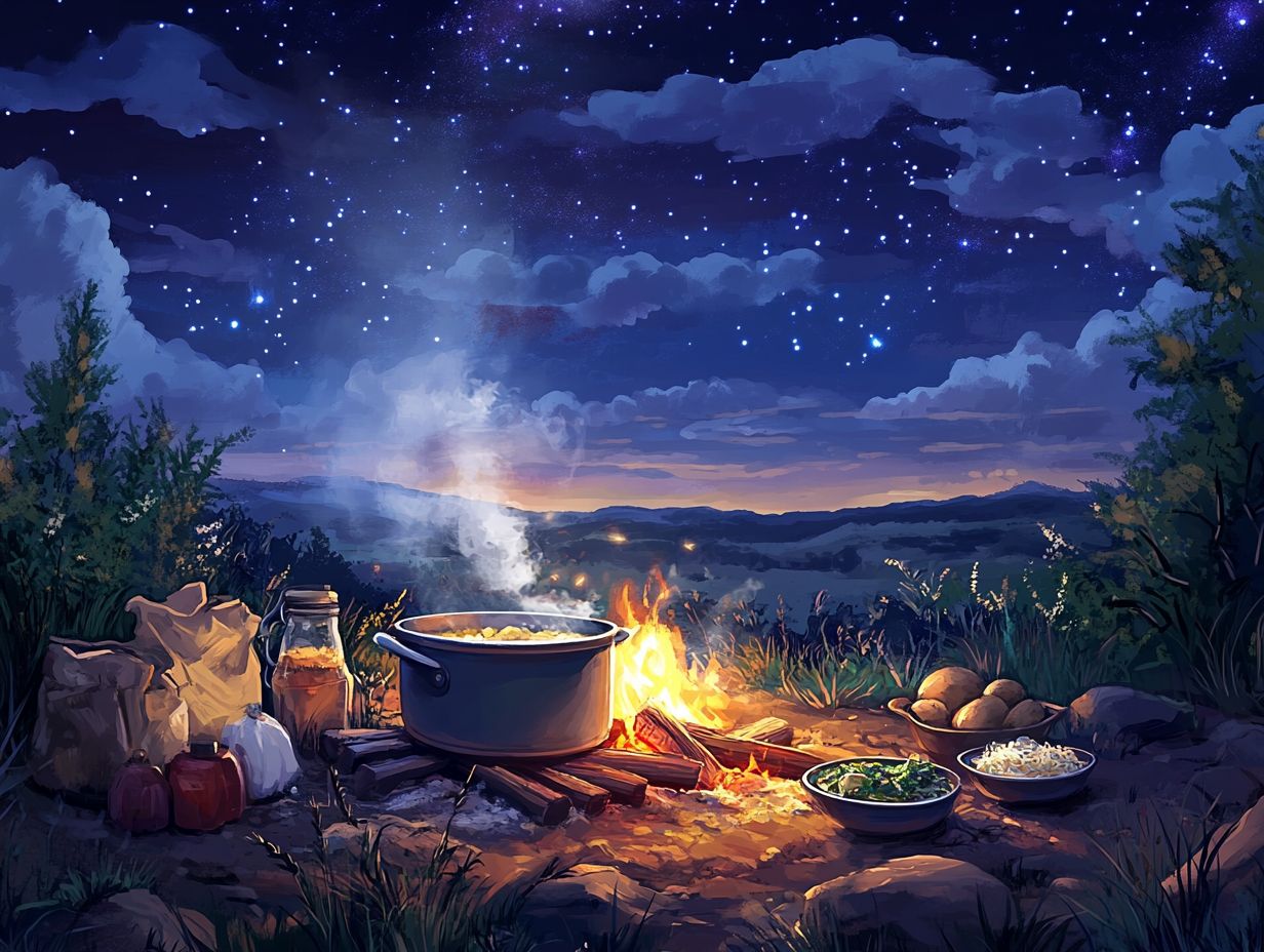 A variety of one-pot camping meals displayed.