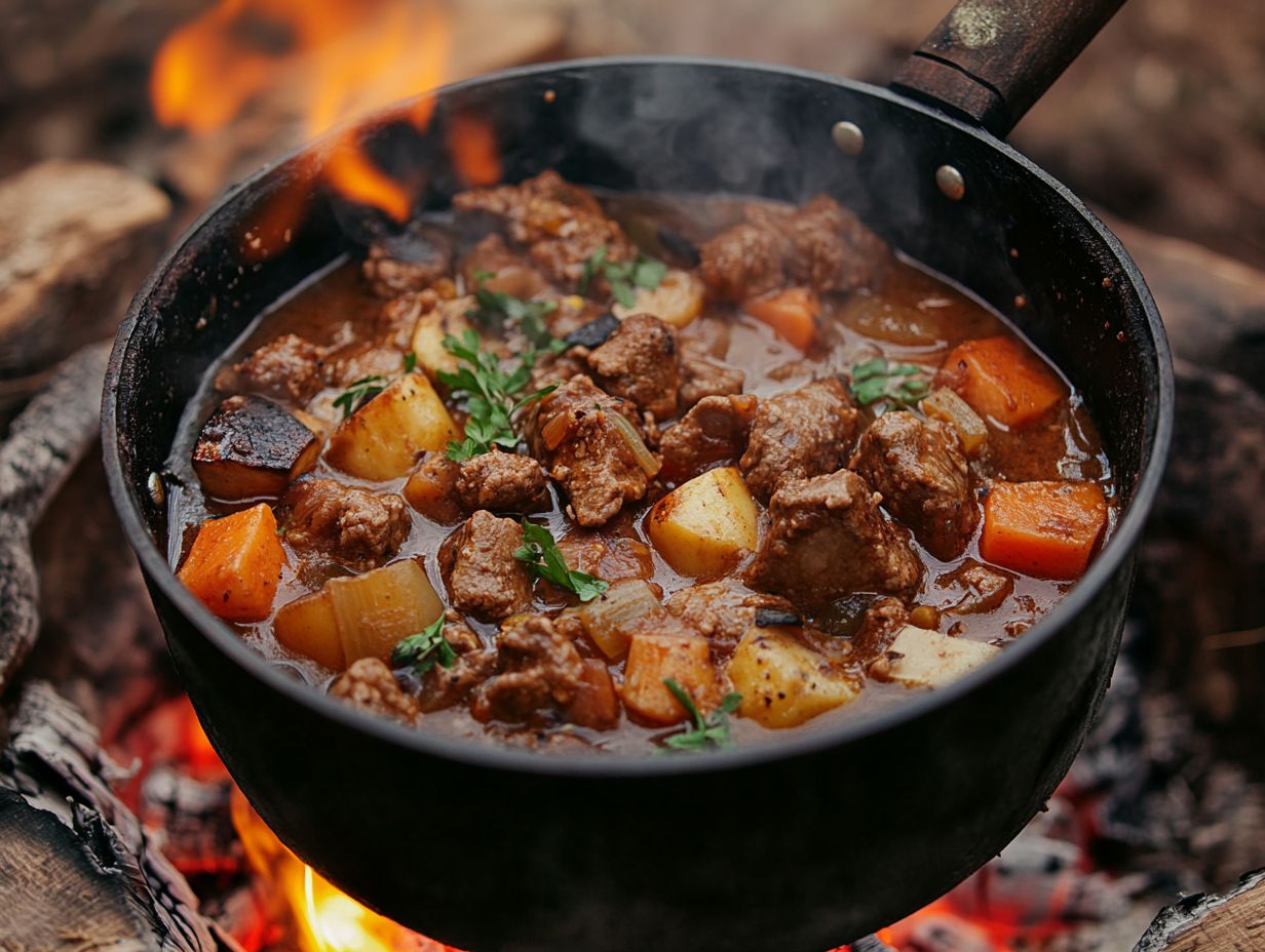 Delicious vegetarian chili served at campfire.