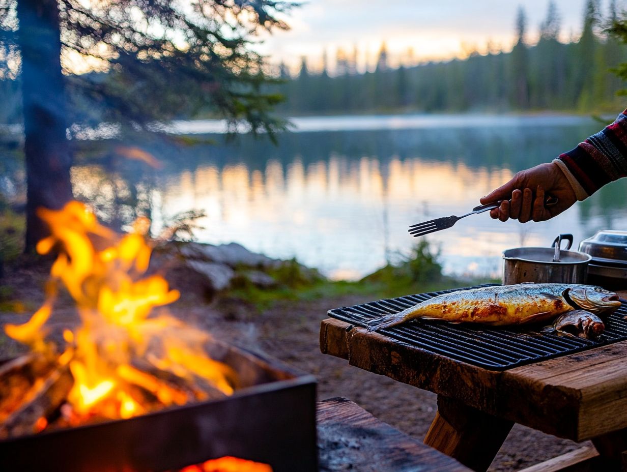 Cooking fish on a stick over a campfire