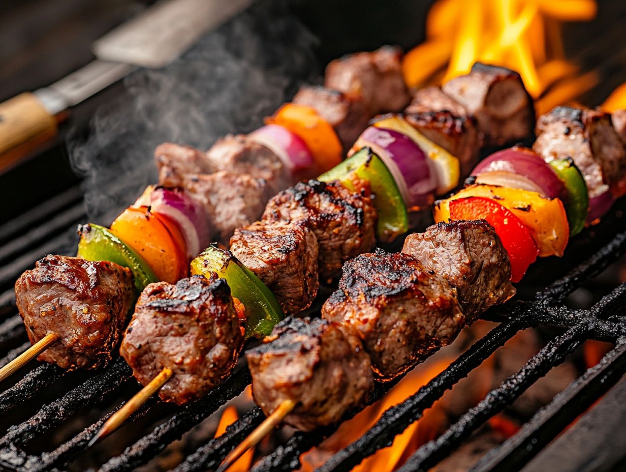 A beautifully arranged platter of grilled kebabs garnished with fresh herbs and citrus slices