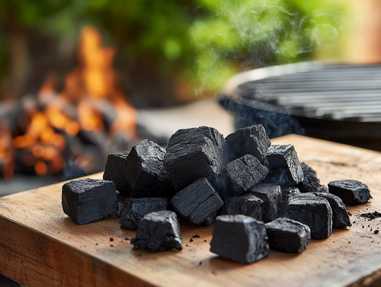 Visual comparison of hardwood lump charcoal and briquettes for smoking