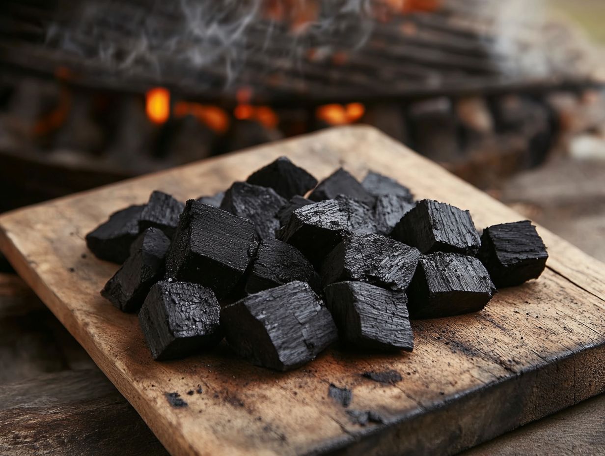 Visual comparison of hardwood lump charcoal and briquettes for smoking