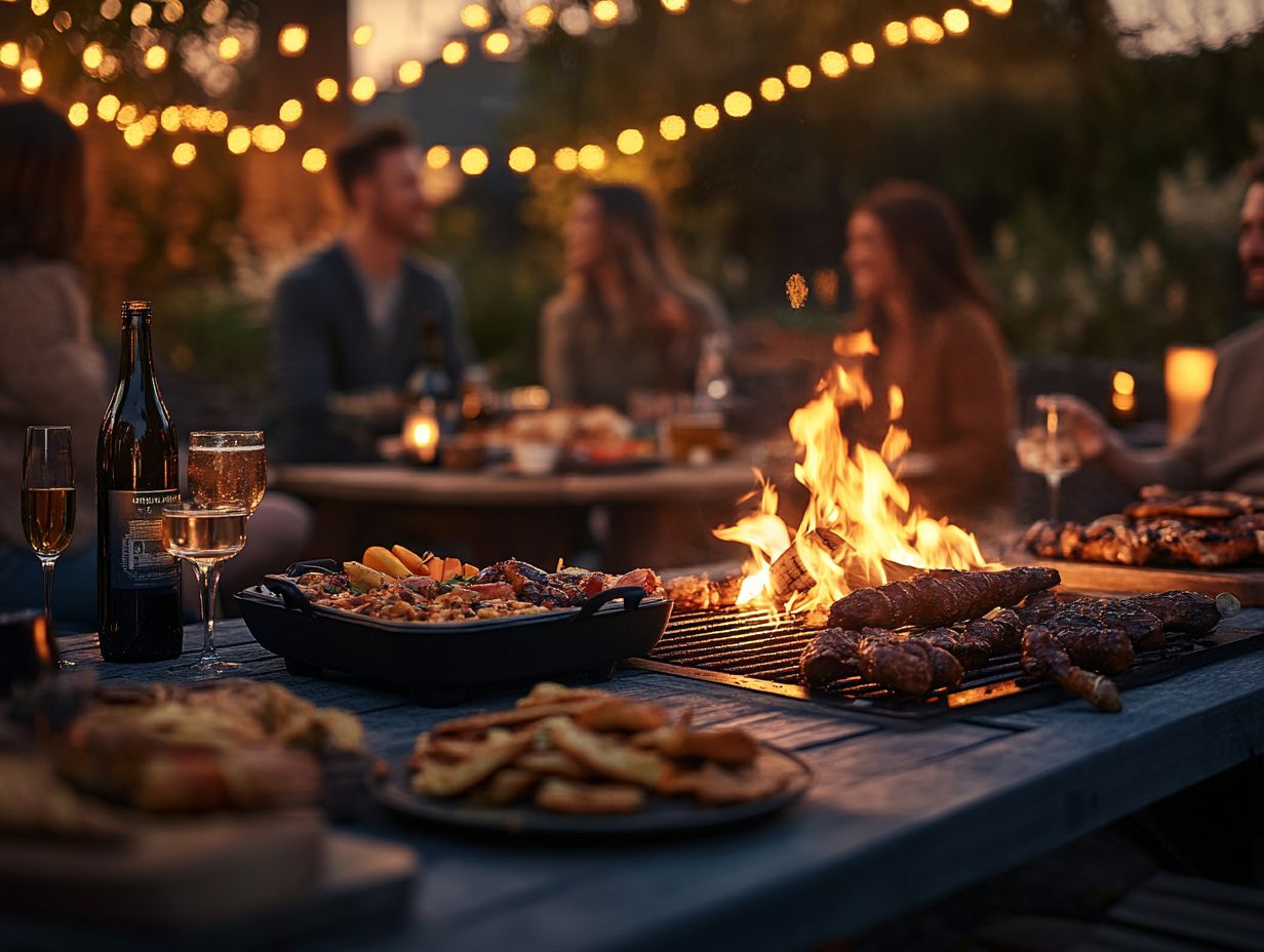 A beautifully arranged table with drinks next to a fire pit, perfect for seasonal gatherings