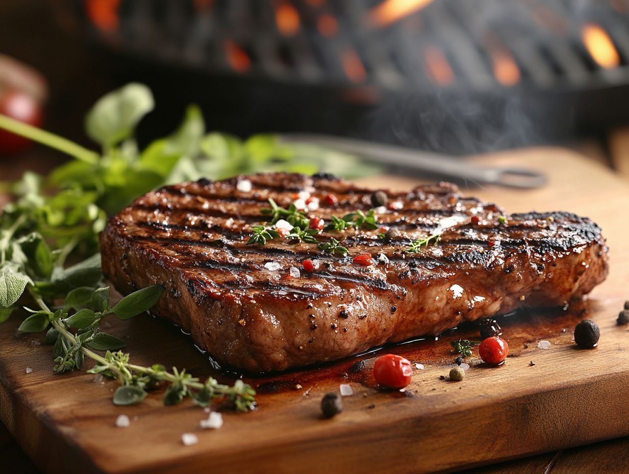 Delicious steak on a grill showcasing perfect doneness