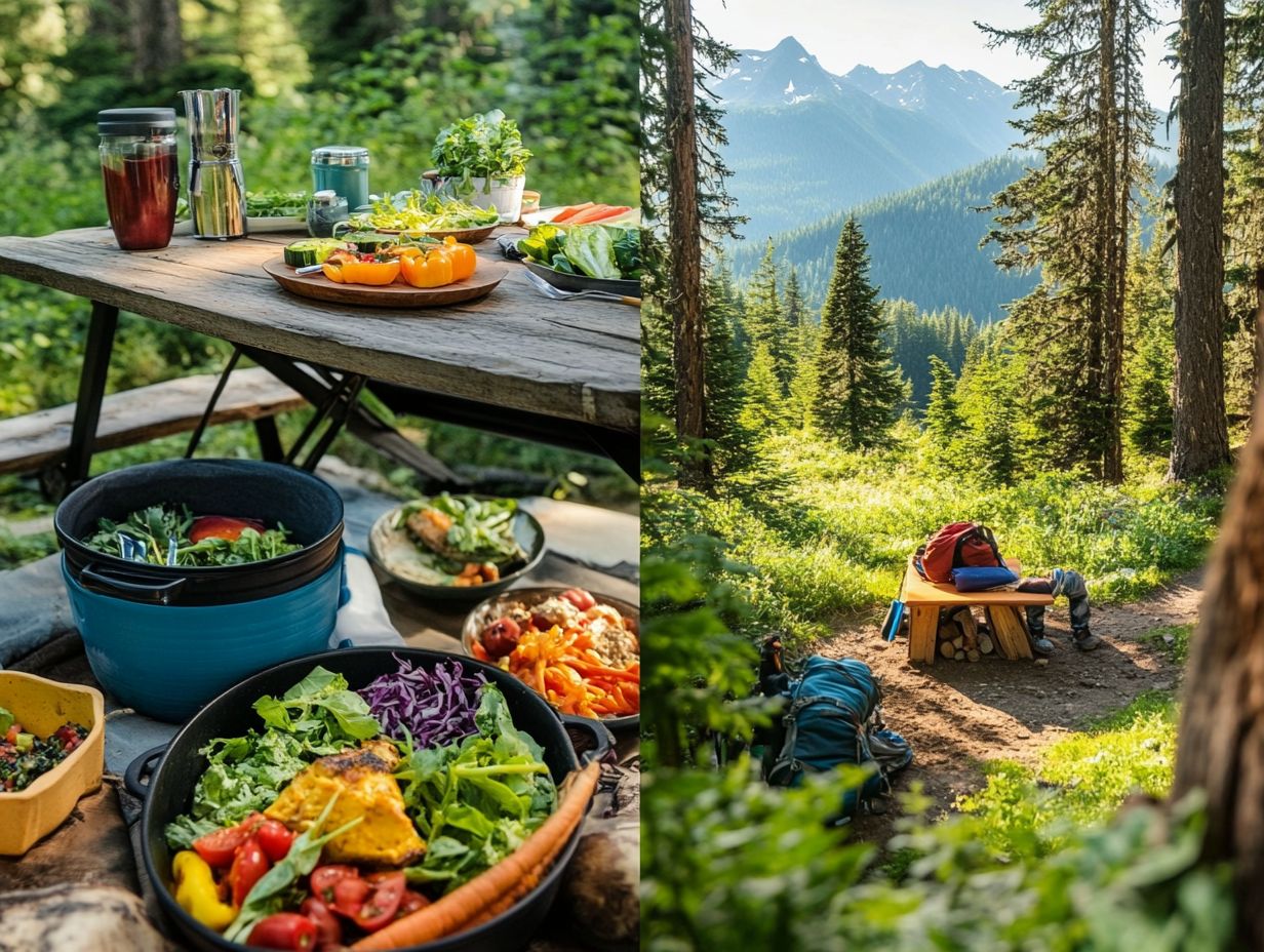 A group enjoying vegetarian meals while camping in nature.