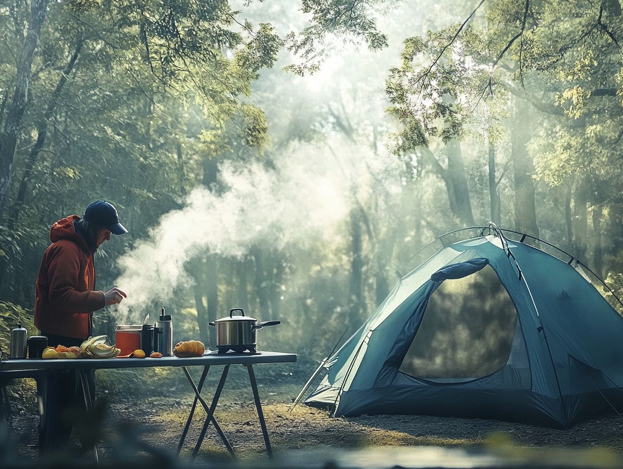 Image showing different cooking methods possible in a tent, including a portable stove and camping grill.