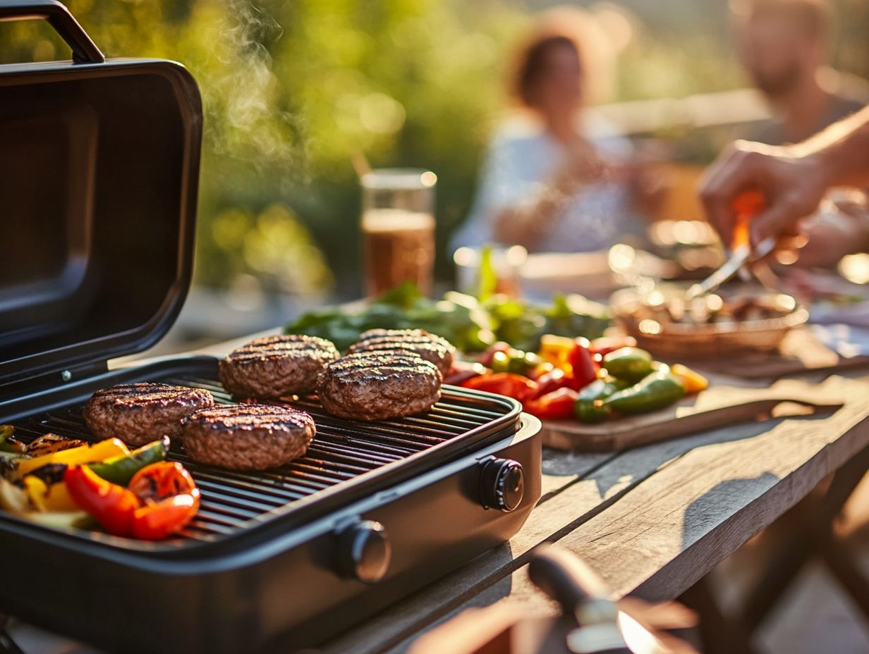 A portable gas grill in use at a tailgate party