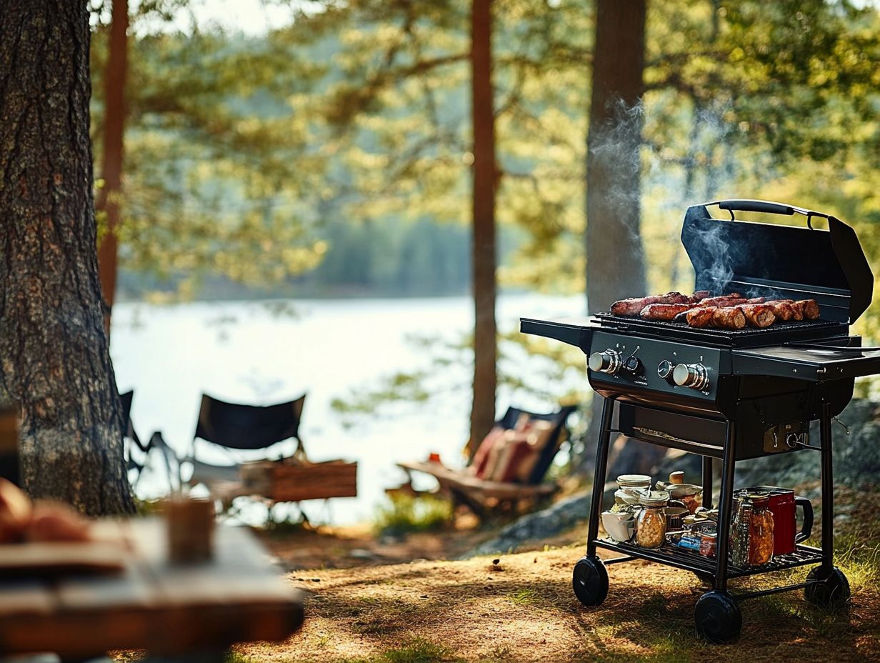 A variety of camping grills displayed with key takeaways.