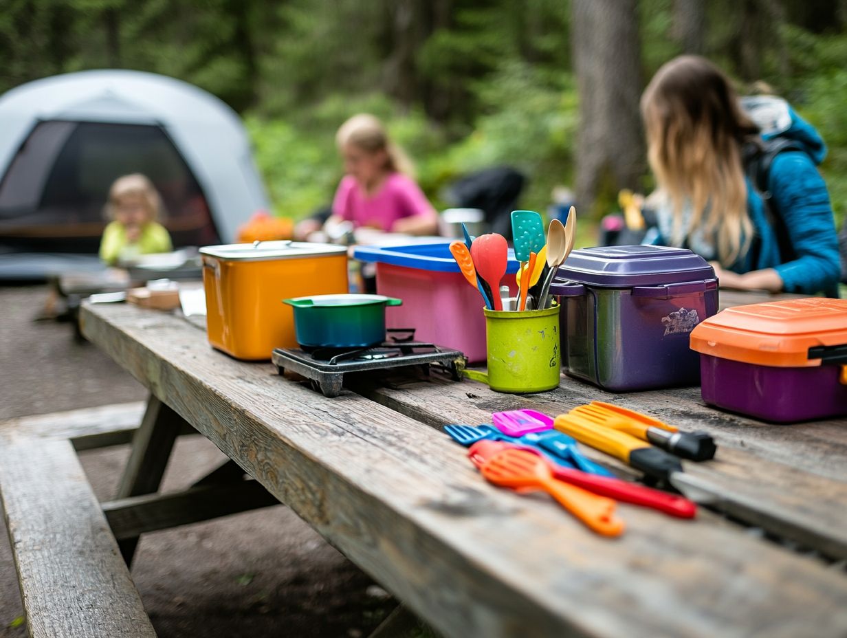 A variety of cooking utensils and supplies arranged for family camping.