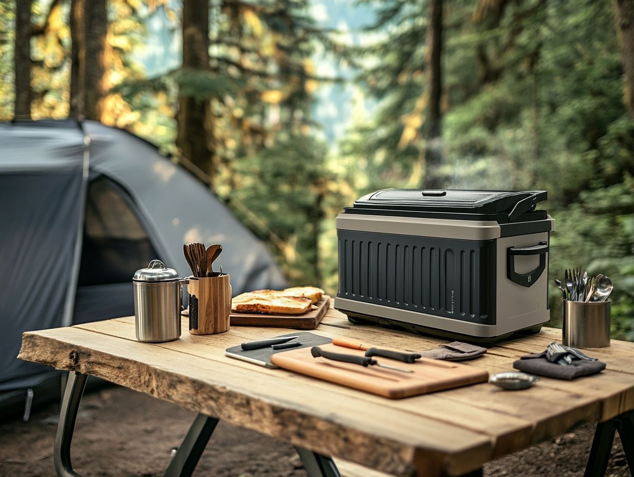 An assortment of essential gear for outdoor meal prep on display.