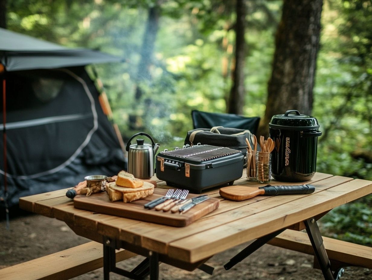 An assortment of essential gear for outdoor meal prep on display.