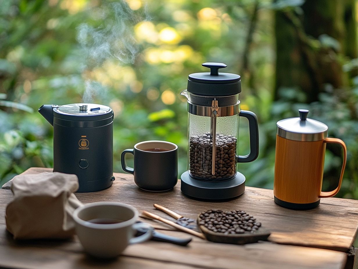 Essential outdoor gear for brewing tea and coffee amidst nature.