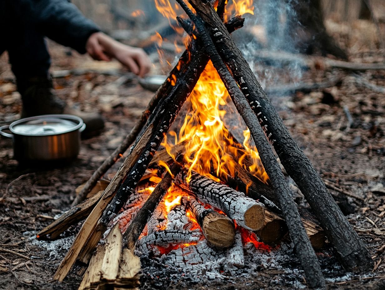 Campers cooking over an open fire with various tools