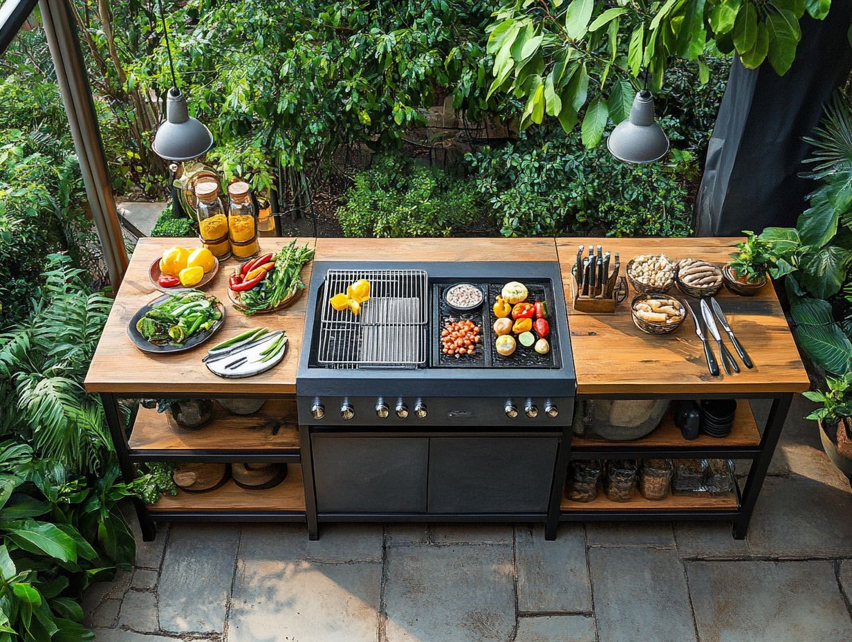 An outdoor cooking table showcasing features and accessories