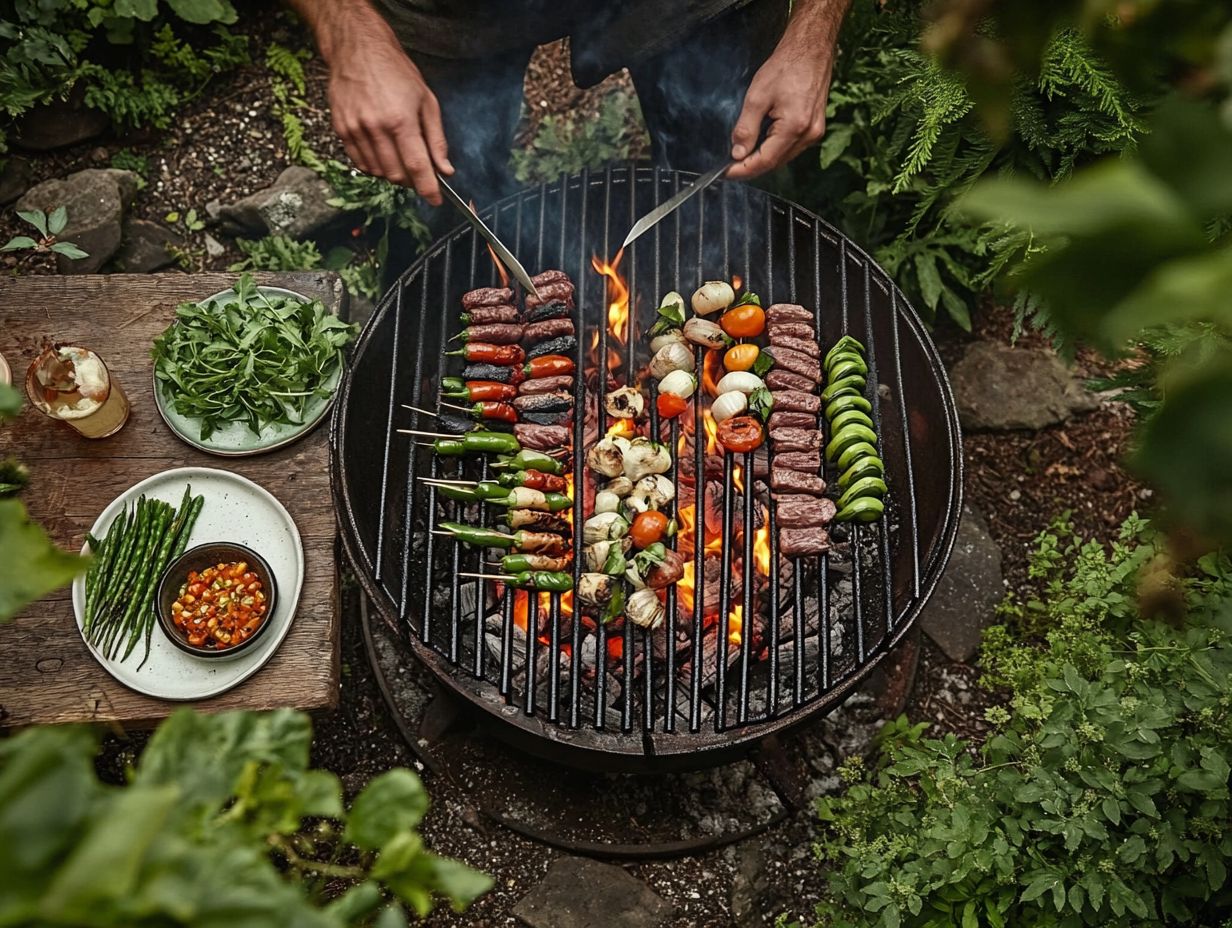 A person building a fire in a fire pit for grilling