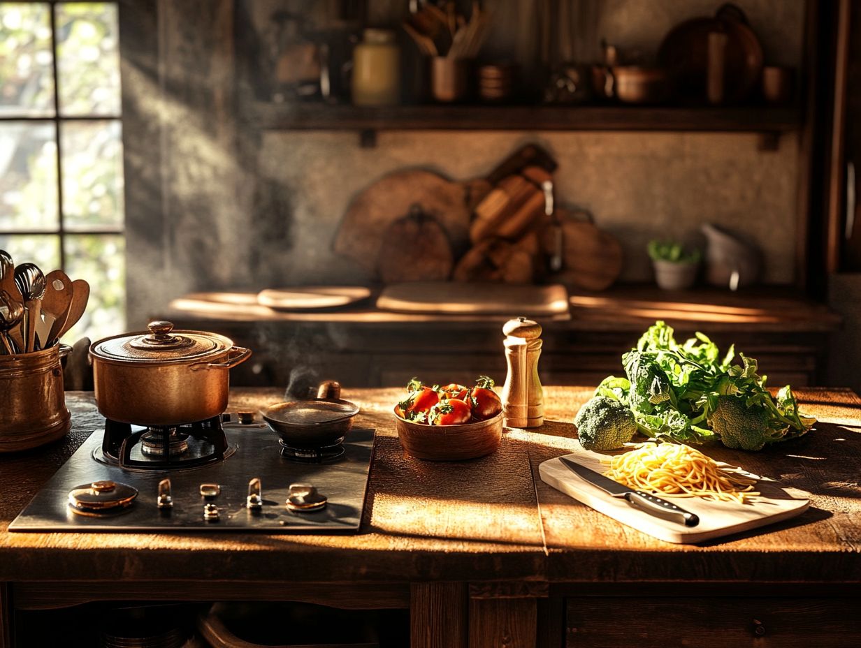 An organized kitchen with minimal cooking gear for efficient cooking