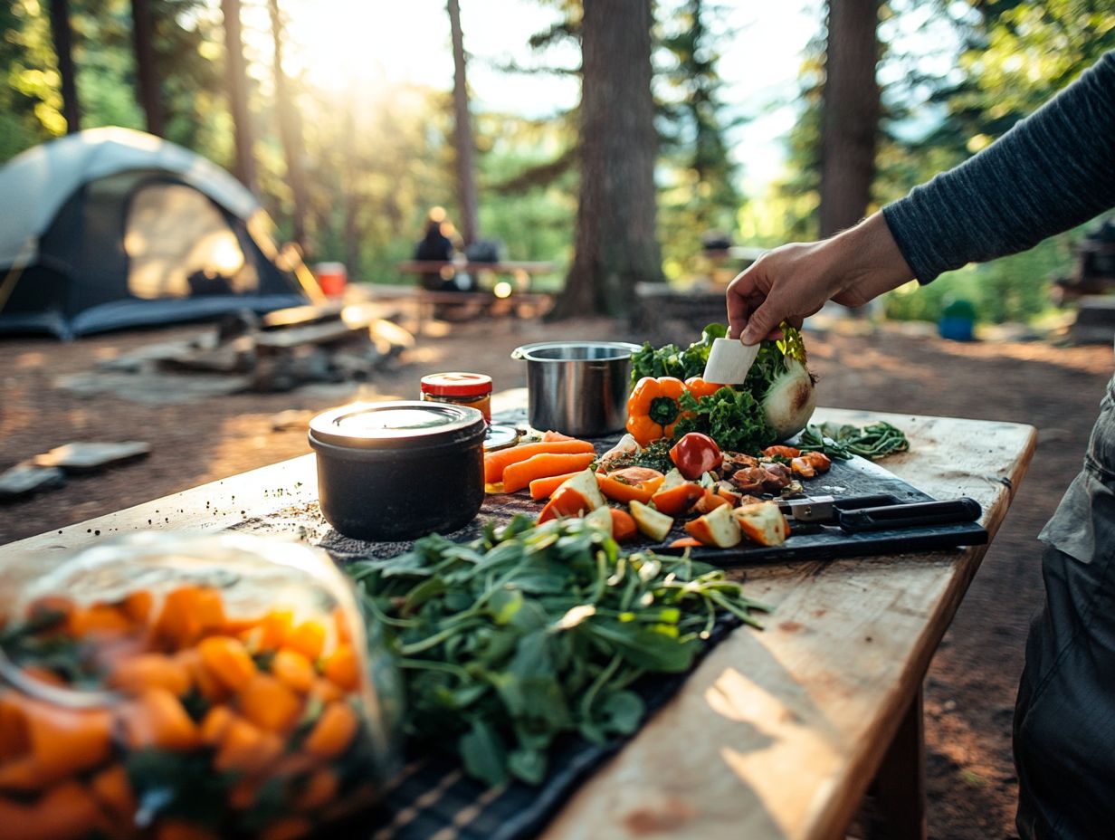 Different methods of cooking camping meals: open fire, portable stove, and grill.