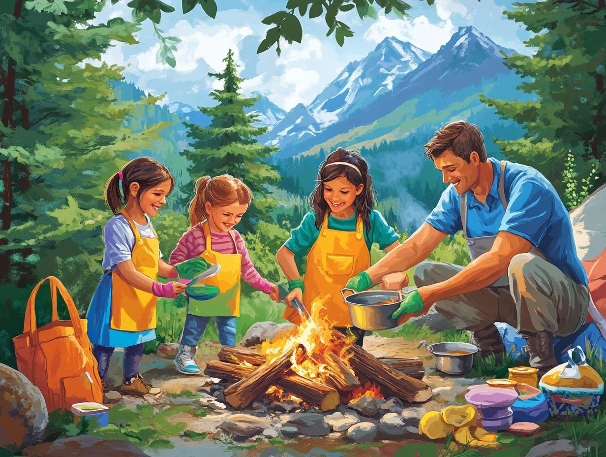 Kids safely cooking outdoors with adult supervision at a campfire.