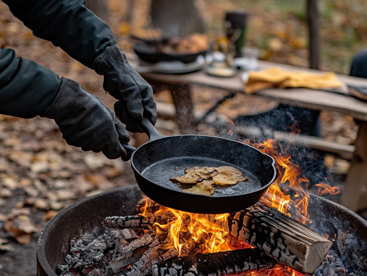 Illustration of cast iron cookware being used outdoors