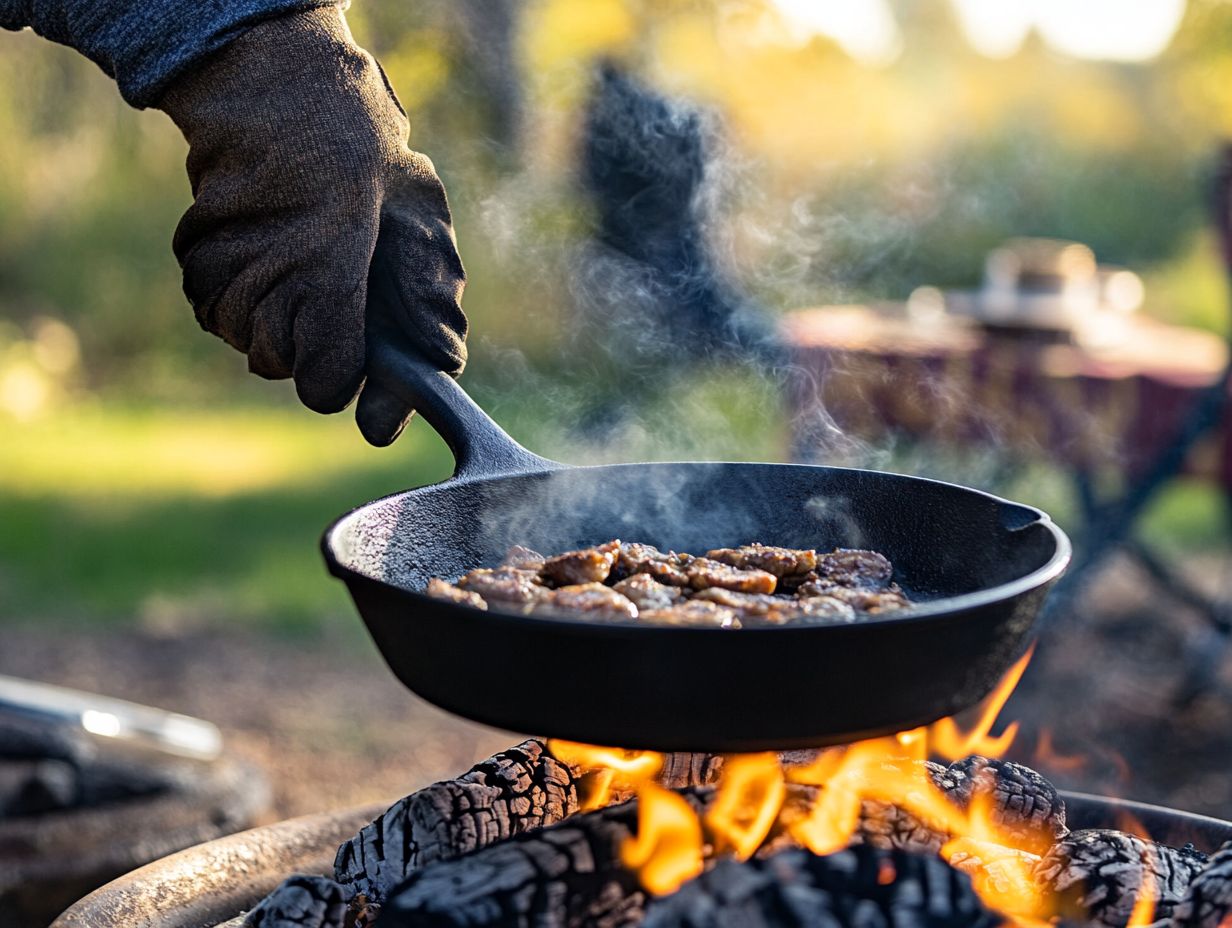 Illustration of cast iron cookware being used outdoors