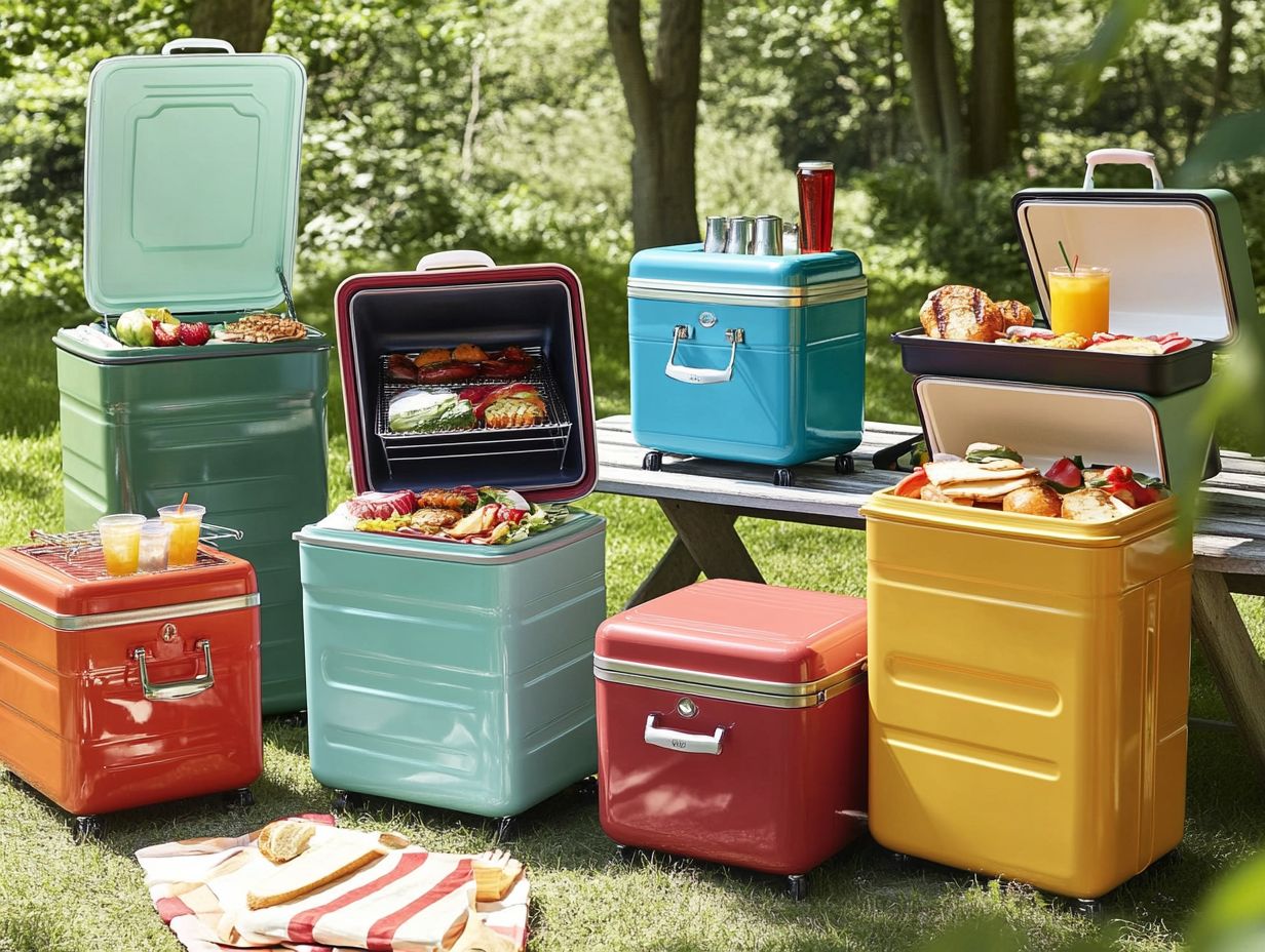 A display of durable and portable coolers designed for outdoor activities