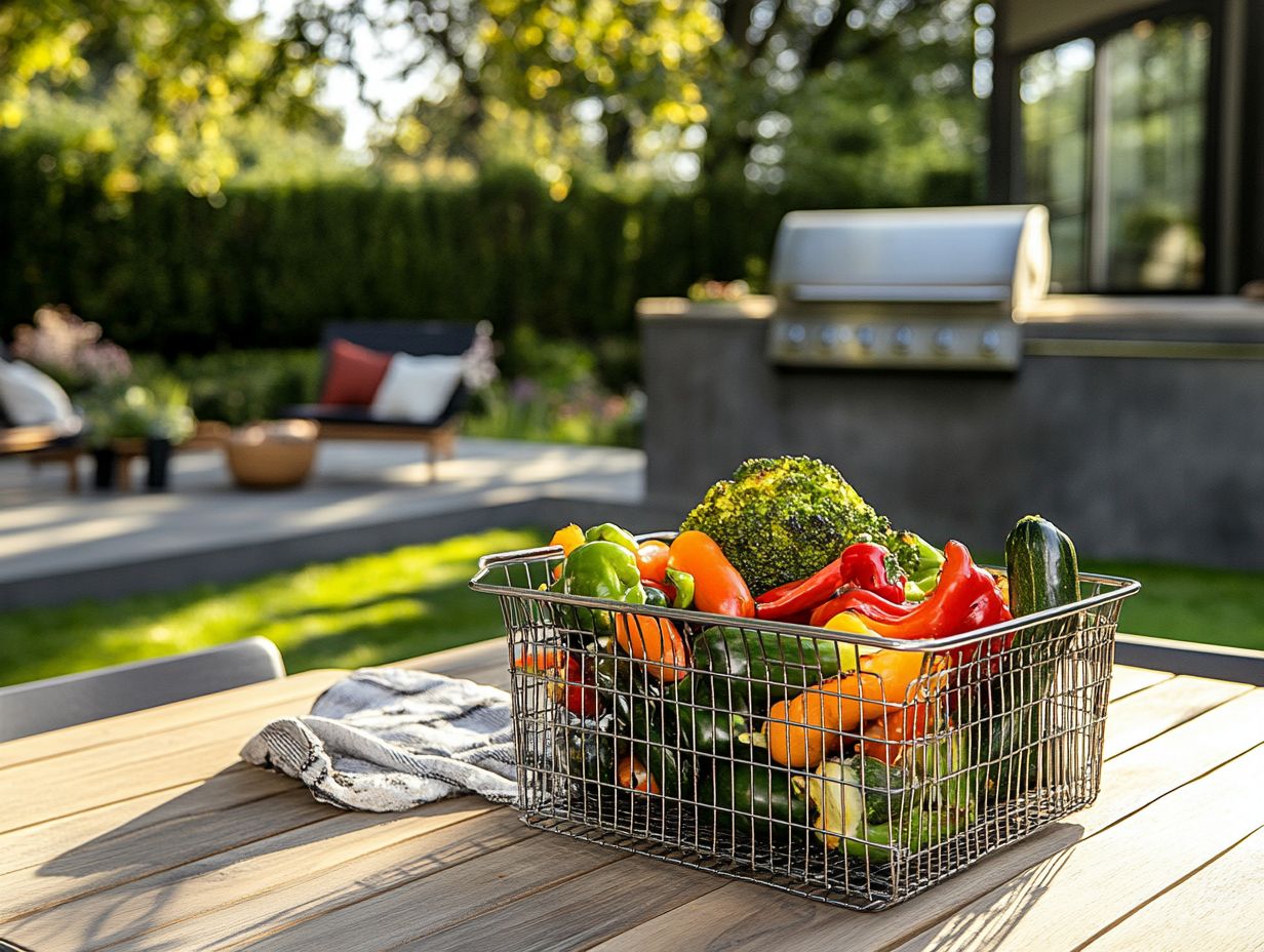 A grill basket with assorted grilled vegetables and seafood