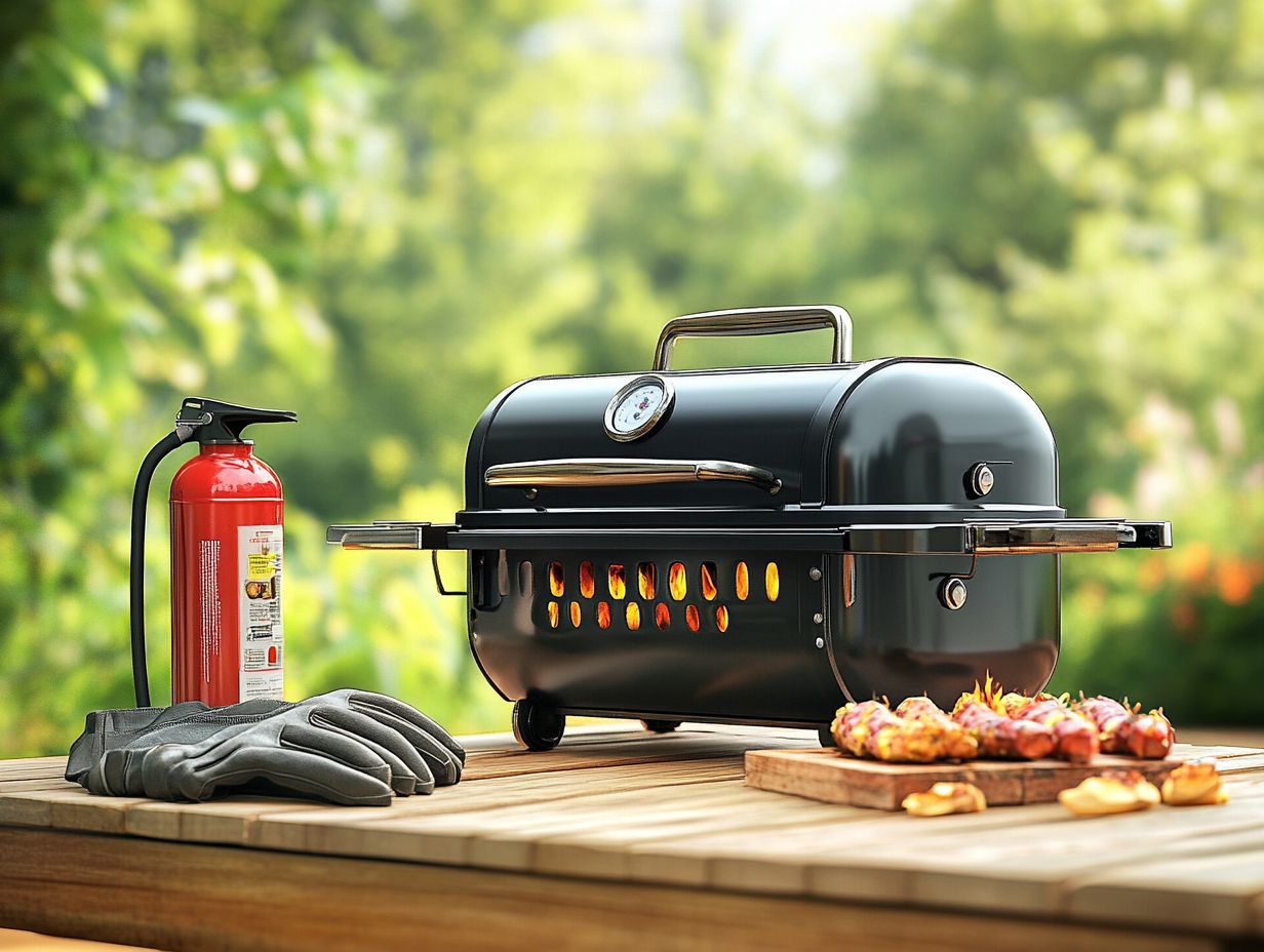 Illustration of key safety tips for preventing fire and burns while grilling